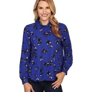 nydj cobalt blue floral mock neck flowy blouse